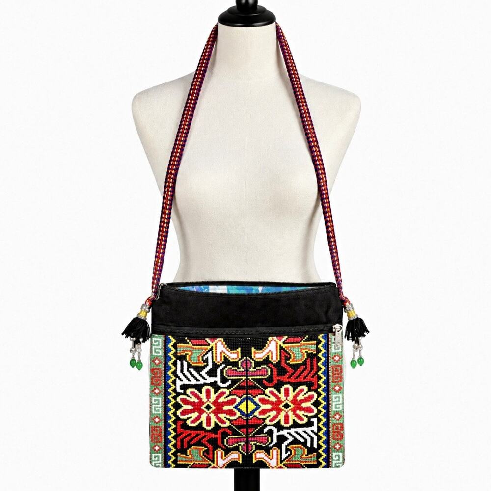 Boho Embroidered Crossbody Bag Black Colorful Woven Floral Tassel Purse